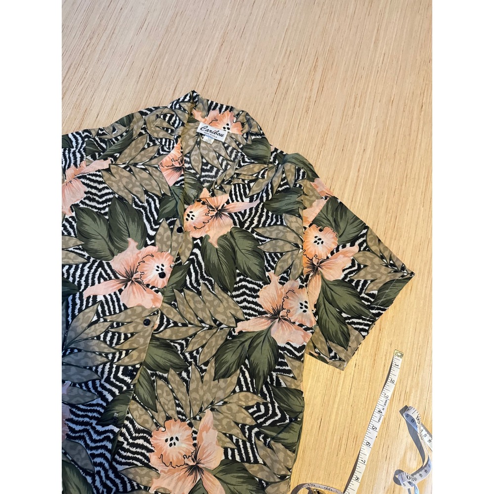 Caribou Vintage Tropical Floral Zebra Print Button Down Shirt Mens Size 10 38